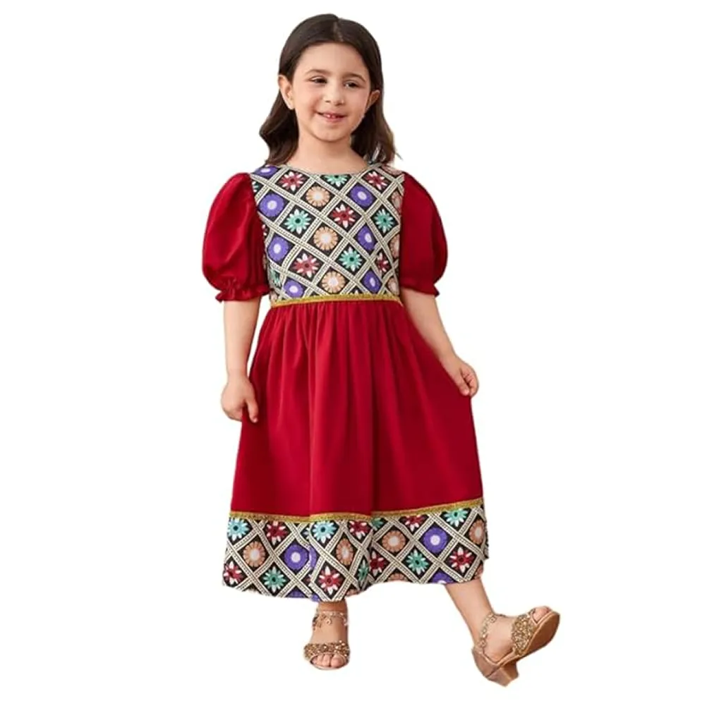 Girls' Ethnic Print Puff Sleeve Maxi Dress