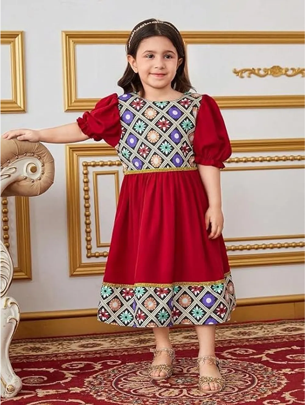 Girls' Ethnic Print Puff Sleeve Maxi Dress