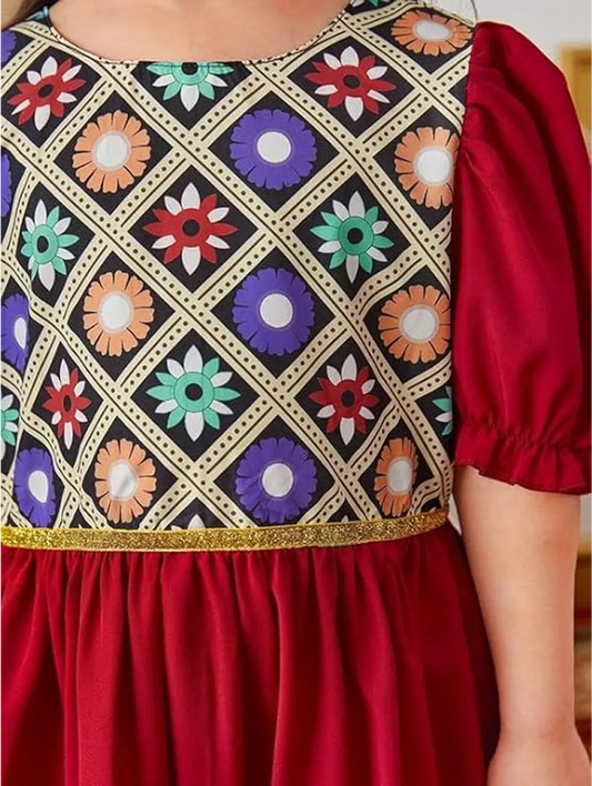 Girls' Ethnic Print Puff Sleeve Maxi Dress