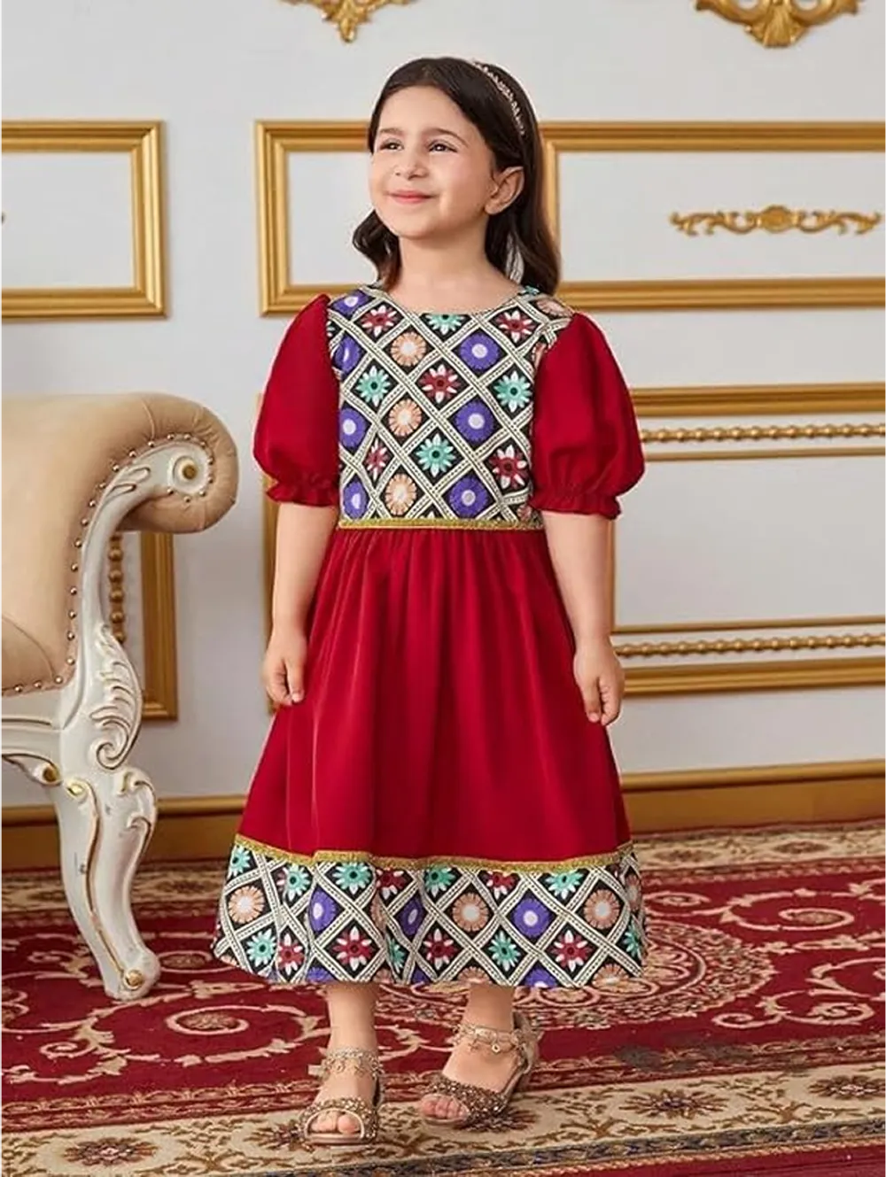 Girls' Ethnic Print Puff Sleeve Maxi Dress