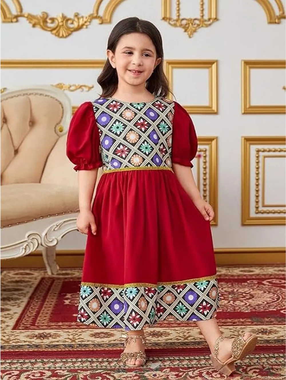 Girls' Ethnic Print Puff Sleeve Maxi Dress
