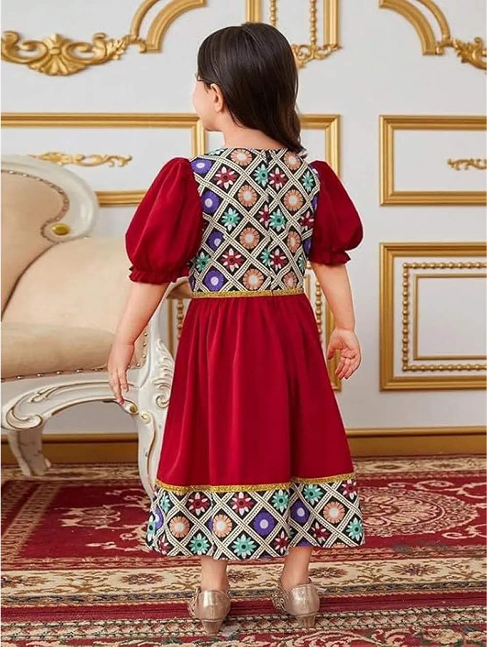 Girls' Ethnic Print Puff Sleeve Maxi Dress