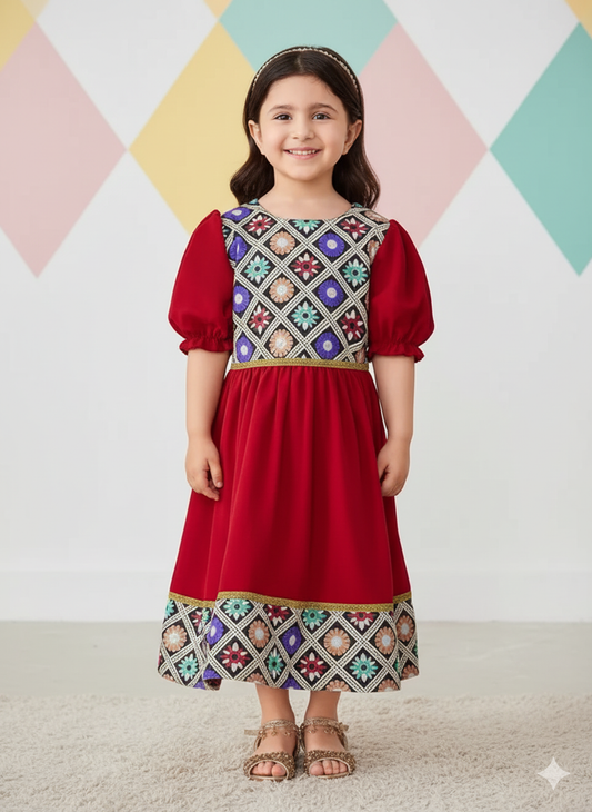 Girls' Ethnic Print Puff Sleeve Maxi Dress