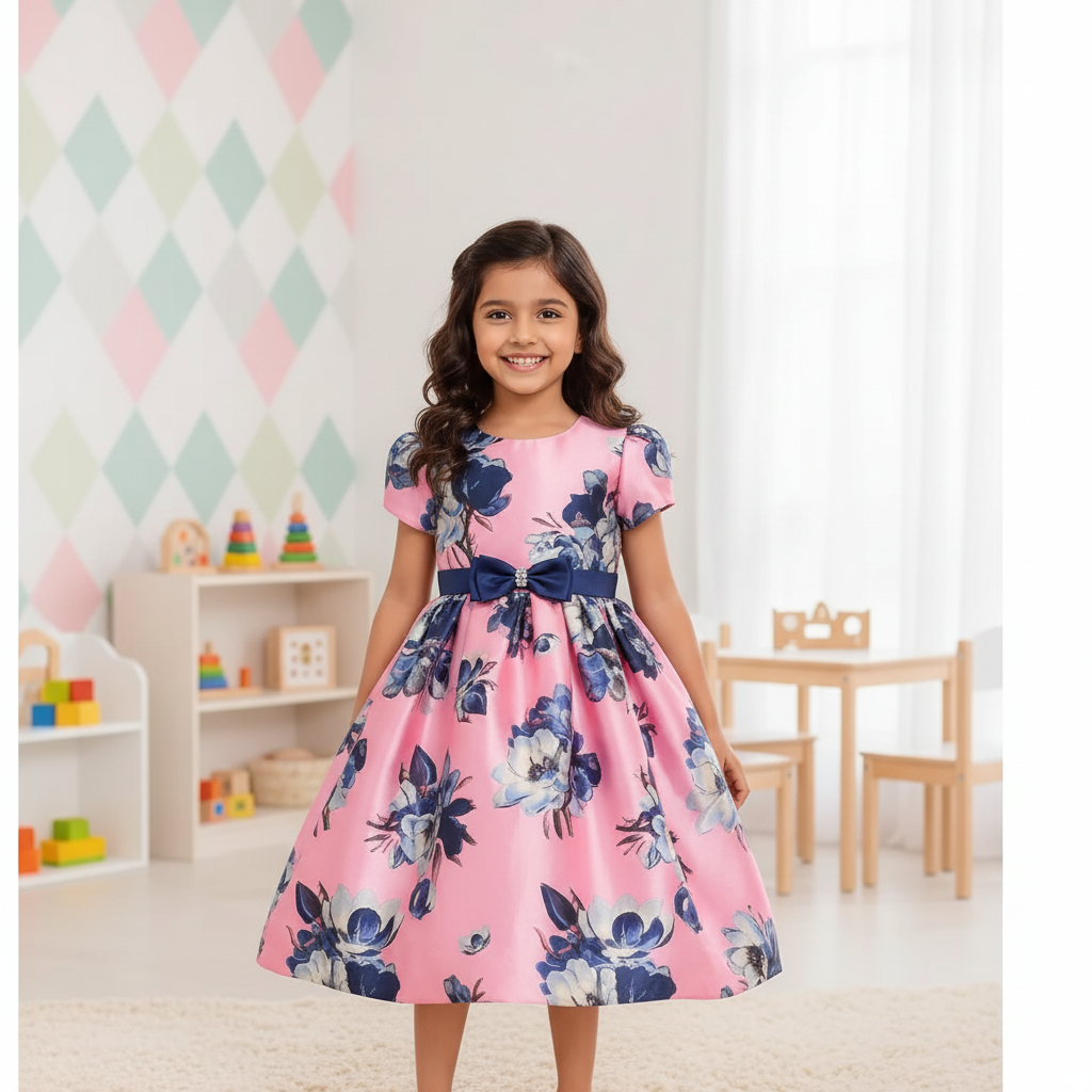 Girls' Pink & Blue Floral Party Dress