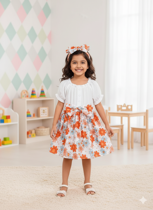 Orange Flower Premium White Frocks for Baby Girls
