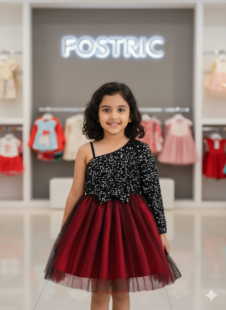 Young girl in a black and red dress standing in front of a store with 'Fostric' branding.